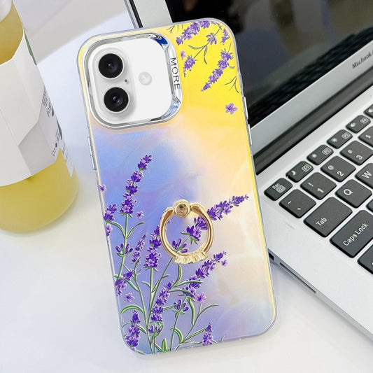 For iPhone 16 Plus Electroplating Laser Flower Ring Holder TPU Phone Case(Lavender AH14) - iPhone 16 Plus Cases by buy2fix | Online Shopping UK | buy2fix