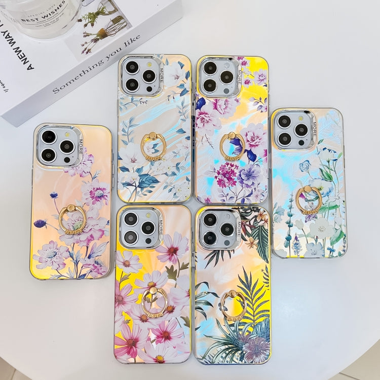 For iPhone 16 Plus Electroplating Laser Flower Ring Holder TPU Phone Case(Flower AH1) - iPhone 16 Plus Cases by buy2fix | Online Shopping UK | buy2fix