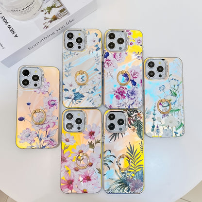 For iPhone 16 Electroplating Laser Flower Ring Holder TPU Phone Case(Myosotis AH2) - iPhone 16 Cases by buy2fix | Online Shopping UK | buy2fix