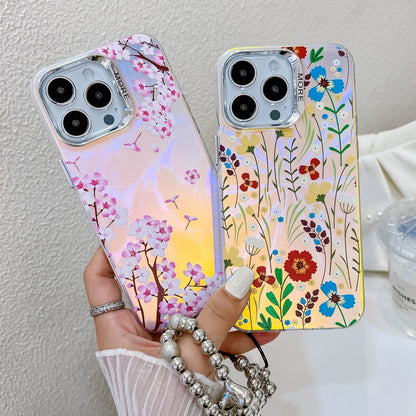 For iPhone 16 Electroplating Laser Flower Phone Case with Wrist Strap(Flower AH1) - iPhone 16 Cases by buy2fix | Online Shopping UK | buy2fix