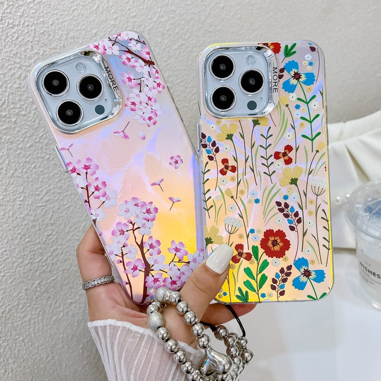 For iPhone 16 Plus Electroplating Laser Flower Phone Case with Wrist Strap(White Flower AH10) - iPhone 16 Plus Cases by buy2fix | Online Shopping UK | buy2fix