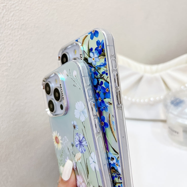 For iPhone 16 Pro Max Electroplating Laser Flower Phone Case with Wrist Strap(Blue Flower AH8) - iPhone 16 Pro Max Cases by buy2fix | Online Shopping UK | buy2fix