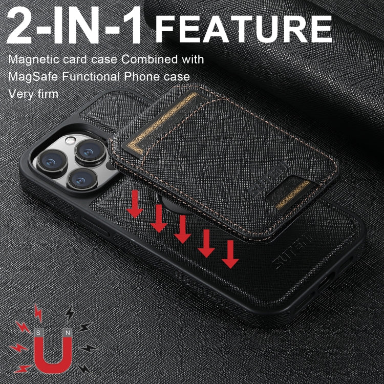 For iPhone 14 Plus Suteni M2 Cross-Grain MagSafe Vertical Card Back Phone Case(Black) - iPhone 14 Plus Cases by Suteni | Online Shopping UK | buy2fix