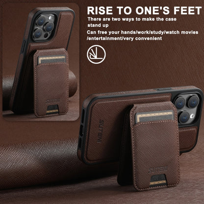 For iPhone 14 Suteni M2 Cross-Grain MagSafe Vertical Card Back Phone Case(Brown) - iPhone 14 Cases by Suteni | Online Shopping UK | buy2fix