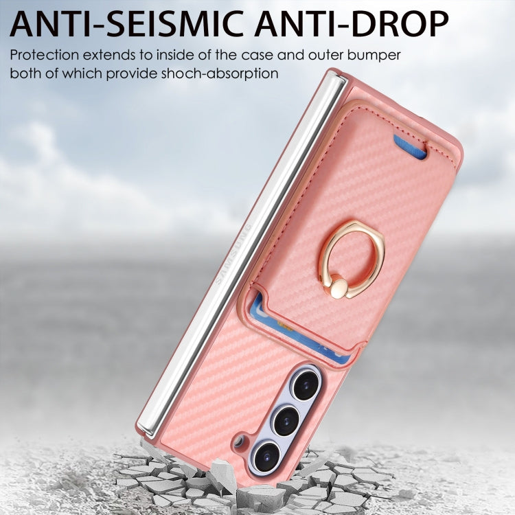 For Samsung Galaxy Z Fold6 Carbon Fiber Ring Card Bag Magsafe Phone Case(Pink) - Galaxy Z Fold6 5G Cases by buy2fix | Online Shopping UK | buy2fix