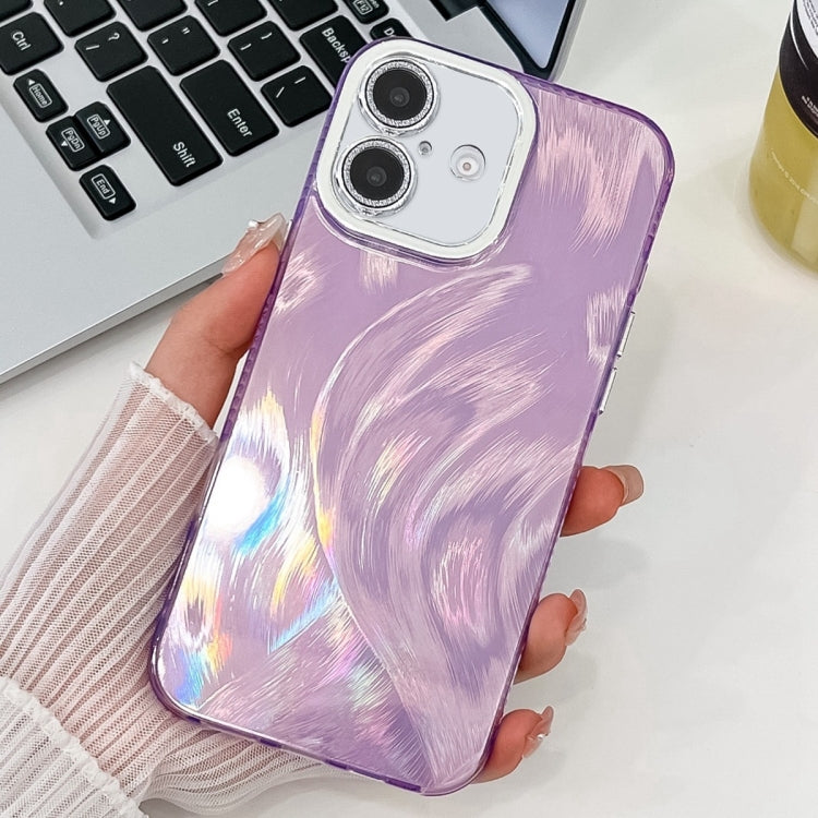 For iPhone 16 Plus Plating Glitter Texture TPU Phone Case with Lens Film(Purple Feather Yarn) - iPhone 16 Plus Cases by buy2fix | Online Shopping UK | buy2fix