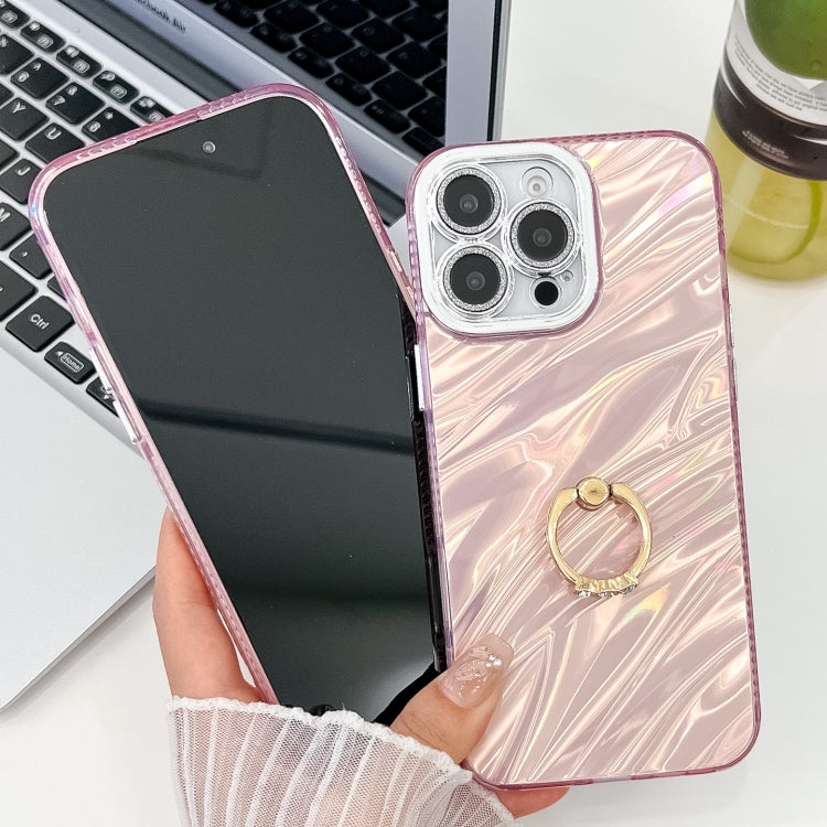 For iPhone 16 Pro Max Plating Glitter Texture Ring Holder TPU Phone Case with Lens Film(White Water Ripples) - iPhone 16 Pro Max Cases by buy2fix | Online Shopping UK | buy2fix