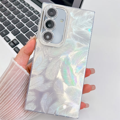 For Samsung Galaxy S25+ 5G Plating Glitter Texture TPU Phone Case with Lens Film(White Feathers) - Galaxy S25+ 5G Cases by buy2fix | Online Shopping UK | buy2fix