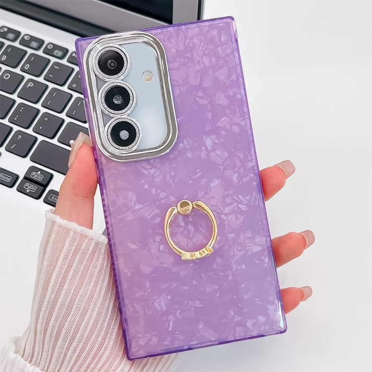 For Samsung Galaxy S25+ 5G Plating Glitter Texture Ring Holder TPU Phone Case with Lens Film(Purple Shell Pattern) - Galaxy S25+ 5G Cases by buy2fix | Online Shopping UK | buy2fix