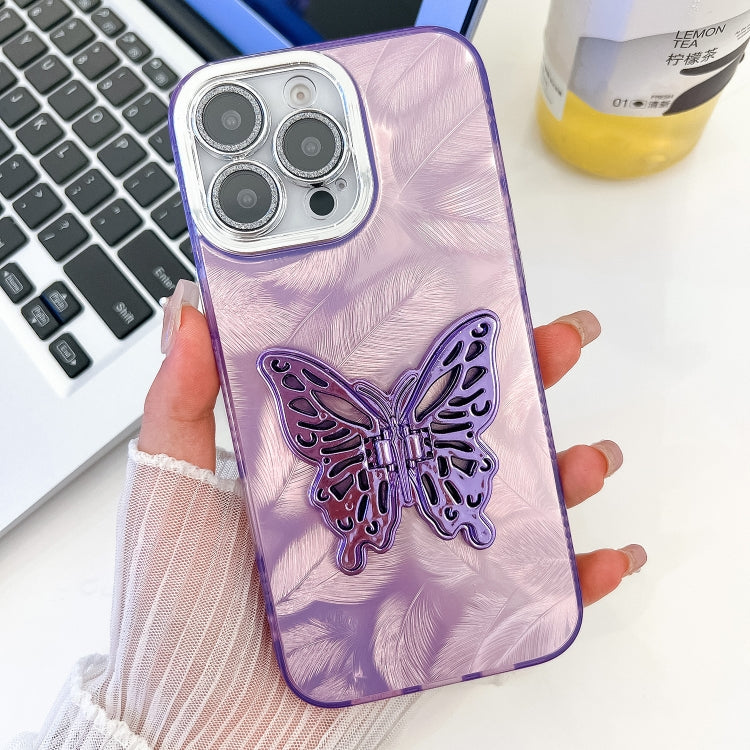 For iPhone 16 Pro Max Plating Glitter Texture Butterfly Holder TPU Phone Case with Lens Film(Purple Feathers) - iPhone 16 Pro Max Cases by buy2fix | Online Shopping UK | buy2fix