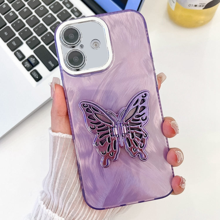 For iPhone 16 Plating Glitter Texture Butterfly Holder TPU Phone Case with Lens Film(Purple Feather Yarn) - iPhone 16 Cases by buy2fix | Online Shopping UK | buy2fix