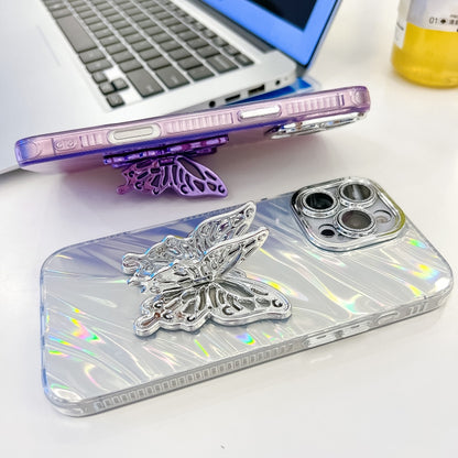 For iPhone 16 Pro Plating Glitter Texture Butterfly Holder TPU Phone Case with Lens Film(Pink Tinfoil Texture) - iPhone 16 Pro Cases by buy2fix | Online Shopping UK | buy2fix