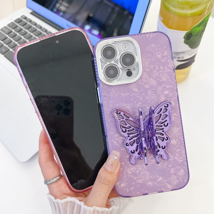 For iPhone 16 Plus Plating Glitter Texture Butterfly Holder TPU Phone Case with Lens Film(White Feathers) - iPhone 16 Plus Cases by buy2fix | Online Shopping UK | buy2fix