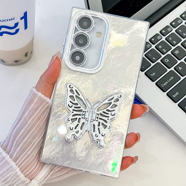 For Samsung Galaxy S25+ 5G Plating Glitter Texture Butterfly Holder TPU Phone Case with Lens Film(White Tinfoil Texture) - Galaxy S25+ 5G Cases by buy2fix | Online Shopping UK | buy2fix