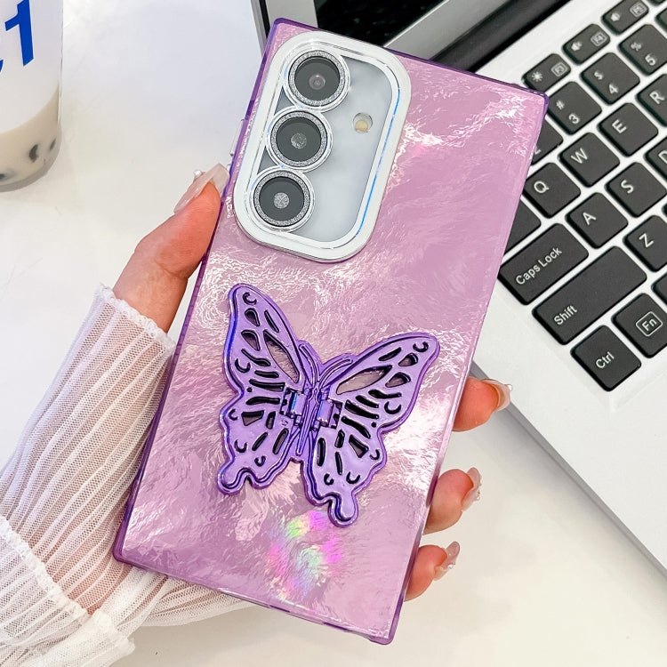 For Samsung Galaxy S25+ 5G Plating Glitter Texture Butterfly Holder TPU Phone Case with Lens Film(Purple Tinfoil Texture) - Galaxy S25+ 5G Cases by buy2fix | Online Shopping UK | buy2fix