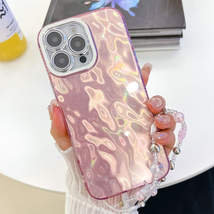 For iPhone 16 Plus Plating Glitter Texture Chain Wristband TPU Phone Case with Lens Film(Pink Wrinkles) - iPhone 16 Plus Cases by buy2fix | Online Shopping UK | buy2fix