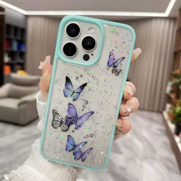 For iPhone 16 Pro Color Butterfly Glitter Epoxy TPU Phone Case(Green) - iPhone 16 Pro Cases by buy2fix | Online Shopping UK | buy2fix