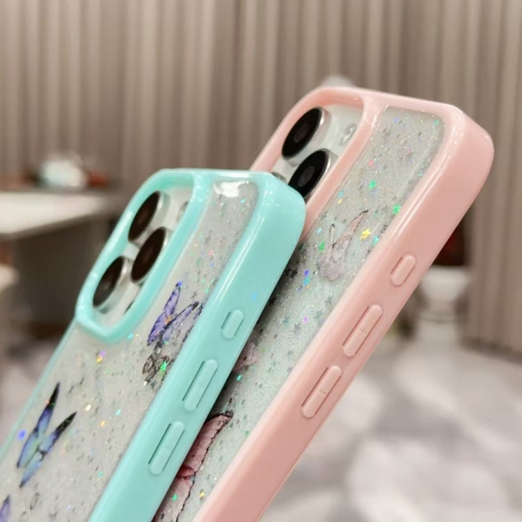 For iPhone 16 Plus Color Butterfly Glitter Epoxy TPU Phone Case(Pink) - iPhone 16 Plus Cases by buy2fix | Online Shopping UK | buy2fix