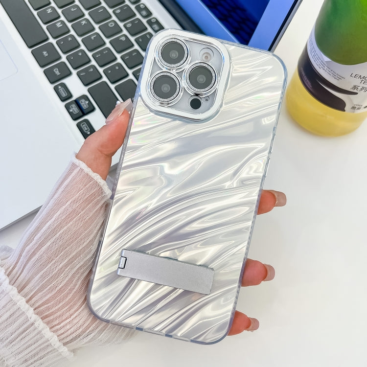 For iPhone 16 Pro Max Plating Glitter Texture Fold Holder TPU Phone Case with Lens Film(White Water Ripples) - iPhone 16 Pro Max Cases by buy2fix | Online Shopping UK | buy2fix