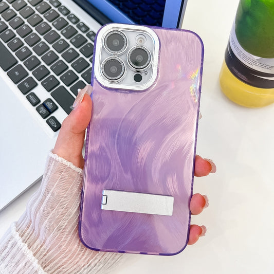 For iPhone 16 Pro Max Plating Glitter Texture Fold Holder TPU Phone Case with Lens Film(Purple Feather Yarn) - iPhone 16 Pro Max Cases by buy2fix | Online Shopping UK | buy2fix