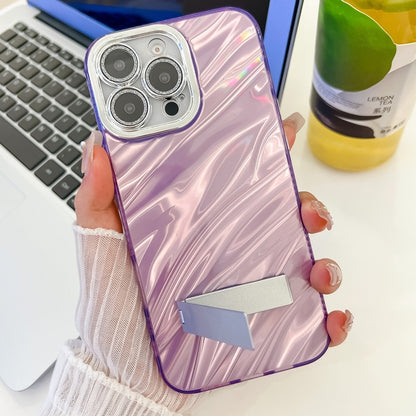 For iPhone 16 Pro Plating Glitter Texture Fold Holder TPU Phone Case with Lens Film(White Wrinkles) - iPhone 16 Pro Cases by buy2fix | Online Shopping UK | buy2fix