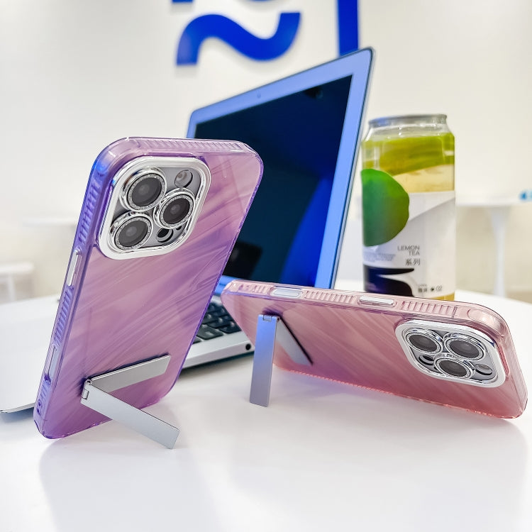 For iPhone 16 Plus Plating Glitter Texture Fold Holder TPU Phone Case with Lens Film(Purple Wrinkles) - iPhone 16 Plus Cases by buy2fix | Online Shopping UK | buy2fix