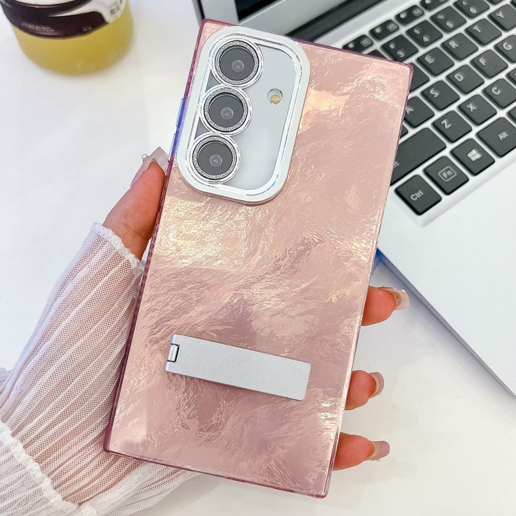 For Samsung Galaxy S25+ 5G Plating Glitter Texture Fold Holder TPU Phone Case with Lens Film(Pink Tinfoil Texture) - Galaxy S25+ 5G Cases by buy2fix | Online Shopping UK | buy2fix