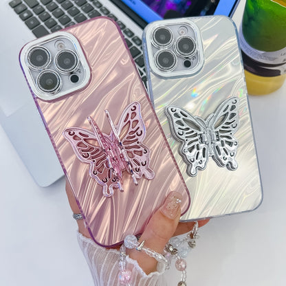 For iPhone 16 Plus Plating Glitter Lens Film Texture Butterfly Holder Wristband Phone Case(White Wrinkles) - iPhone 16 Plus Cases by buy2fix | Online Shopping UK | buy2fix