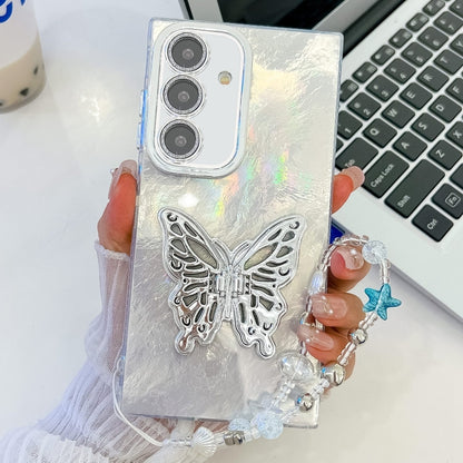 For Samsung Galaxy S25 5G Plating Glitter Lens Film Texture Butterfly Holder Wristband Phone Case(White Tinfoil Texture) - Galaxy S25 5G Cases by buy2fix | Online Shopping UK | buy2fix