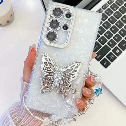 For Samsung Galaxy S25 Ultra 5G Plating Glitter Lens Film Texture Butterfly Holder Wristband Phone Case(White Shell Pattern) - Galaxy S25 Ultra 5G Cases by buy2fix | Online Shopping UK | buy2fix