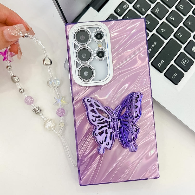 For Samsung Galaxy S25 Ultra 5G Plating Glitter Lens Film Texture Butterfly Holder Wristband Phone Case(White Shell Pattern) - Galaxy S25 Ultra 5G Cases by buy2fix | Online Shopping UK | buy2fix