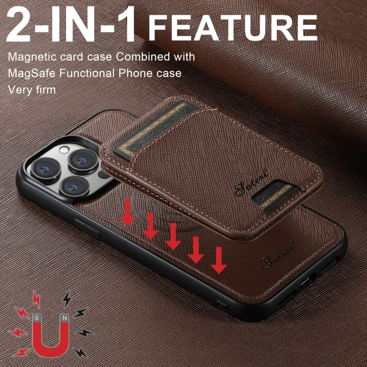 For iPhone 15 Pro Suteni H18 Cross Grain MagSafe Wallet Leather Phone Case(Brown) - iPhone 15 Pro Cases by Suteni | Online Shopping UK | buy2fix