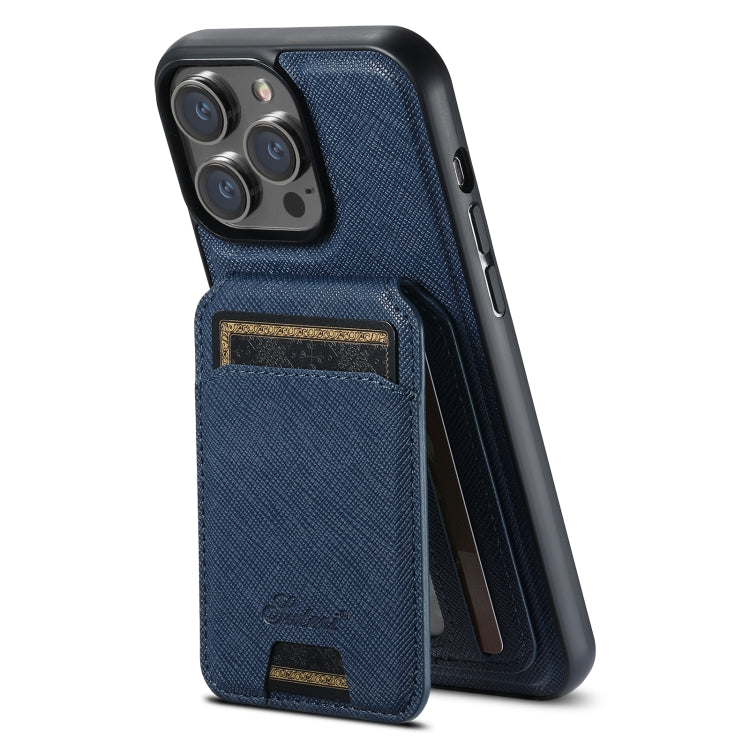 For iPhone 14 Pro Max Suteni H18 Cross Grain MagSafe Wallet Leather Phone Case(Blue) - iPhone 14 Pro Max Cases by Suteni | Online Shopping UK | buy2fix