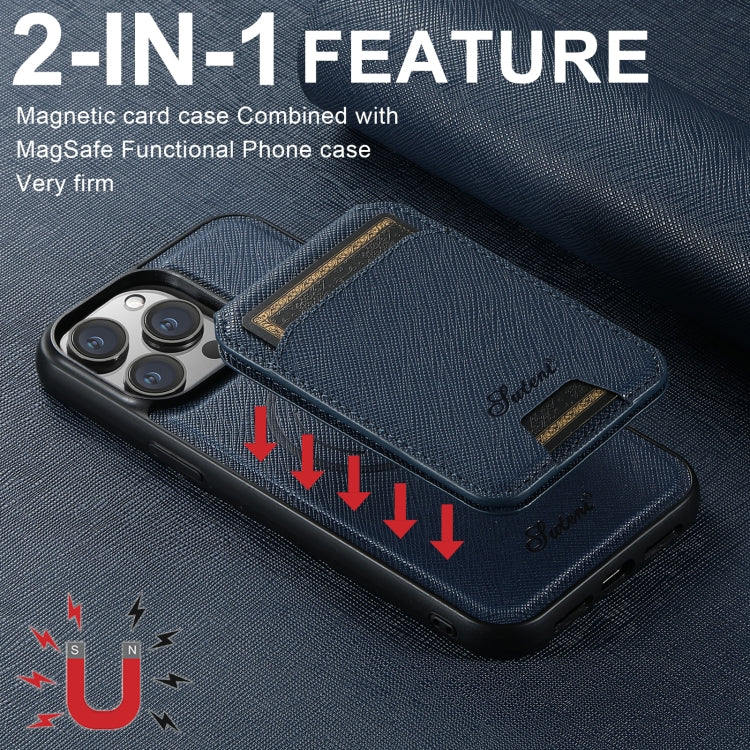 For iPhone 12 Pro Suteni H18 Cross Grain MagSafe Wallet Leather Phone Case(Blue) - iPhone 12 / 12 Pro Cases by Suteni | Online Shopping UK | buy2fix