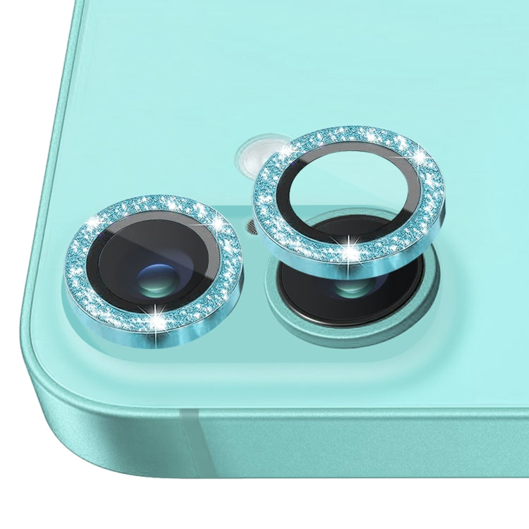 For iPhone 16 / 16 Plus NORTHJO Glitter Camera Lens Protector Tempered Glass Metal Ring Film(Cyan) - iPhone 16 Tempered Glass by NORTHJO | Online Shopping UK | buy2fix