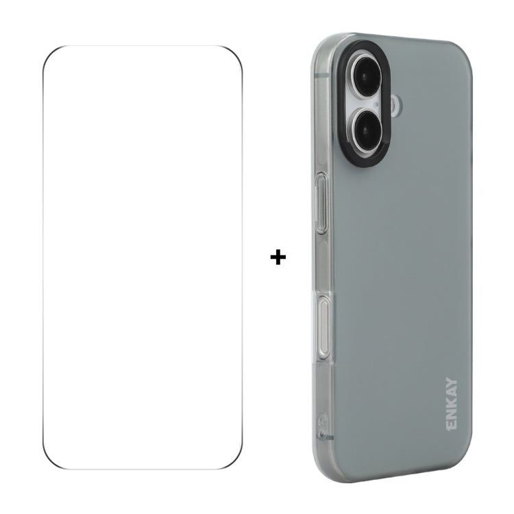 For iPhone 16 ENKAY Hat-Prince Translucent Matte TPU Phone Case + 9H Big Arc Edge Film(Grey) - iPhone 16 Cases by ENKAY | Online Shopping UK | buy2fix