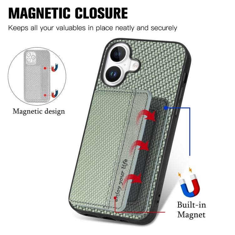 For iPhone 16 Carbon Fiber Magnetic Card Wallet RFID Blocking Phone Case(Green) - iPhone 16 Cases by buy2fix | Online Shopping UK | buy2fix