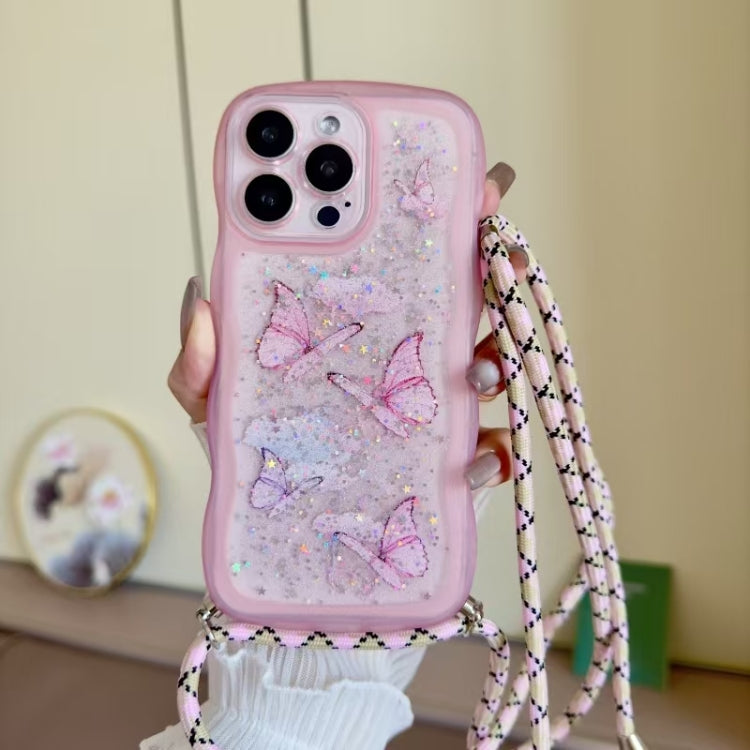 For iPhone 16 Pro Crossbody Wave Edge Butterfly TPU Phone Case(Pink) - iPhone 16 Pro Cases by buy2fix | Online Shopping UK | buy2fix