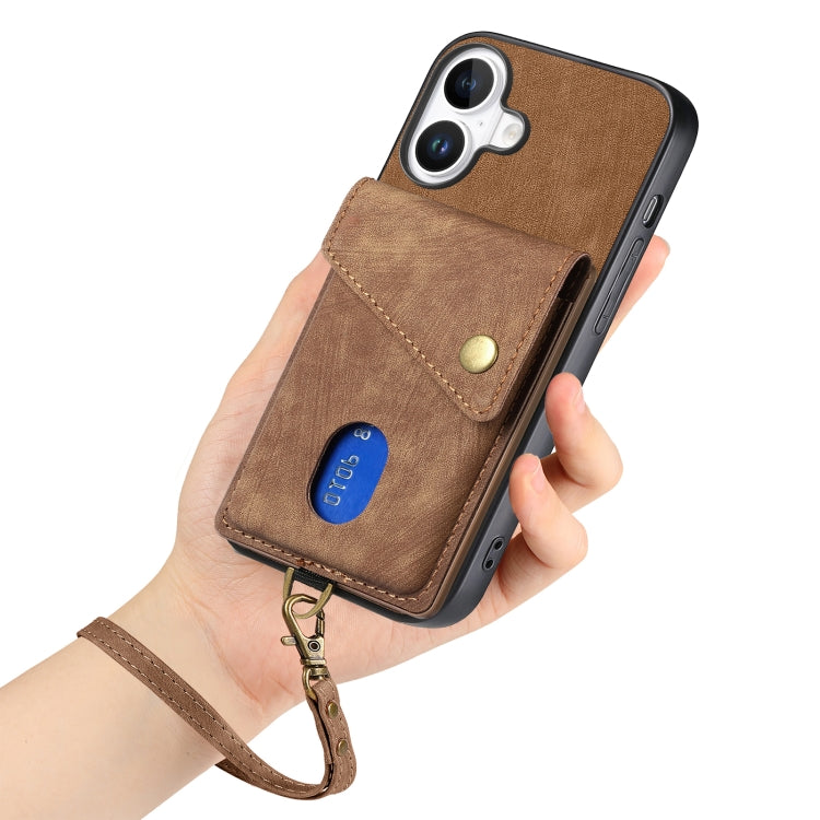 For iPhone 16 Retro Card Wallet Fold Leather Phone Case with Strap(Brown) - iPhone 16 Cases by buy2fix | Online Shopping UK | buy2fix