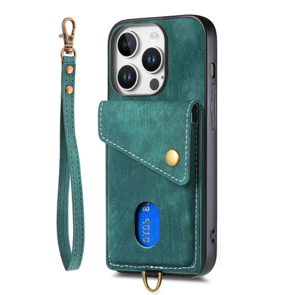 For iPhone 16 Pro Retro Card Wallet Fold Leather Phone Case with Strap(Green) - iPhone 16 Pro Cases by buy2fix | Online Shopping UK | buy2fix