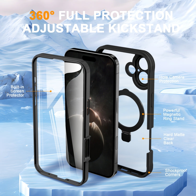 For iPhone 16 Plus Skin Feel MagSafe Holder 360 Full Body Phone Case(Black) - iPhone 16 Plus Cases by buy2fix | Online Shopping UK | buy2fix