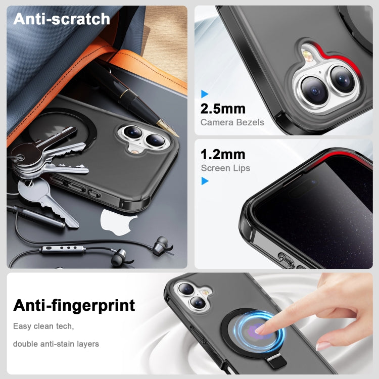 For iPhone 16 Frosted Skin Feel MagSafe Holder 360 Full Body Phone Case(Black) - iPhone 16 Cases by buy2fix | Online Shopping UK | buy2fix