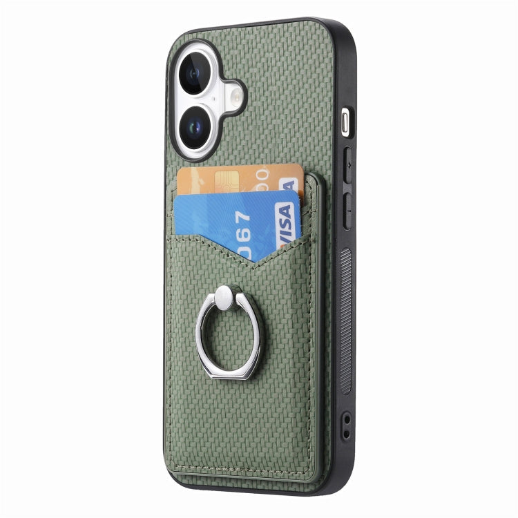 For iPhone 16 Plus Carbon Fiber Card Wallet Ring Phone Case(Green) - iPhone 16 Plus Cases by buy2fix | Online Shopping UK | buy2fix