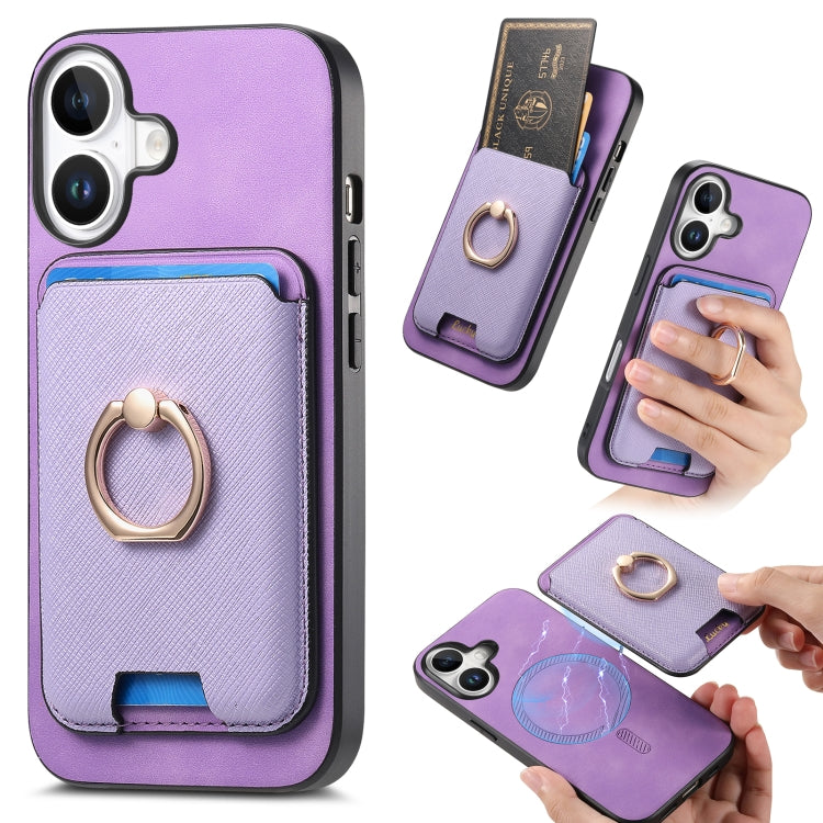 For iPhone 16 Plus Retro Cross Leather Card Bag MagSafe Phone Case(Purple) - iPhone 16 Plus Cases by buy2fix | Online Shopping UK | buy2fix