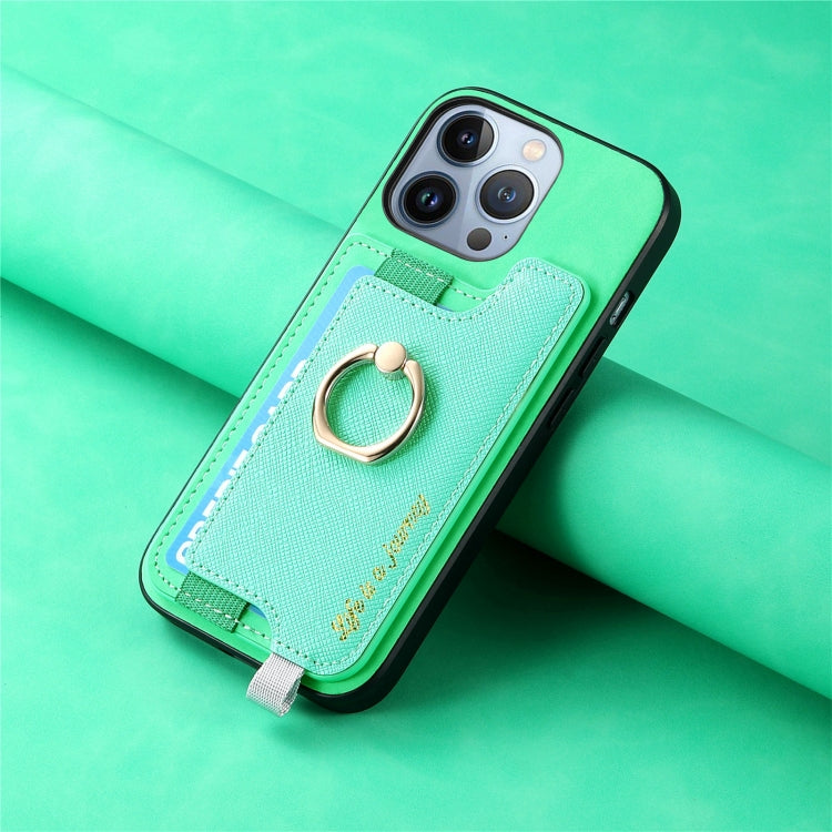 For iPhone 16 Pro Retro Magsafe Cross Leather Ring Holder Card Bag Phone Case(Green) - iPhone 16 Pro Cases by buy2fix | Online Shopping UK | buy2fix