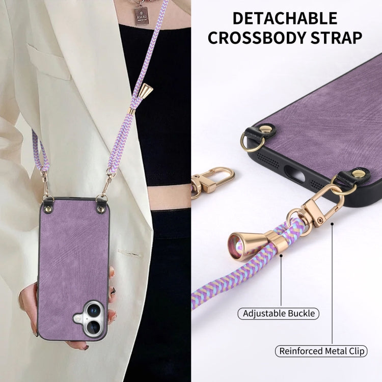 For iPhone 16 Vintage Leather PC Back Cover Phone Case with Crossbody Strap(Purple) - iPhone 16 Cases by buy2fix | Online Shopping UK | buy2fix