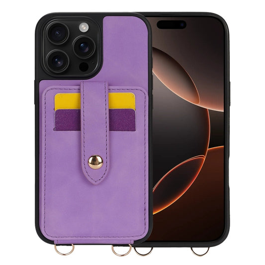 For iPhone 16 Pro Crossbody Skin Card Bag Lanyard Phone Case(Purple) - iPhone 16 Pro Cases by buy2fix | Online Shopping UK | buy2fix