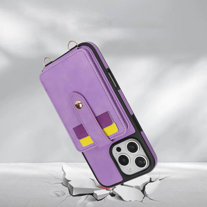 For iPhone 16 Plus Crossbody Skin Card Bag Lanyard Phone Case(Purple) - iPhone 16 Plus Cases by buy2fix | Online Shopping UK | buy2fix