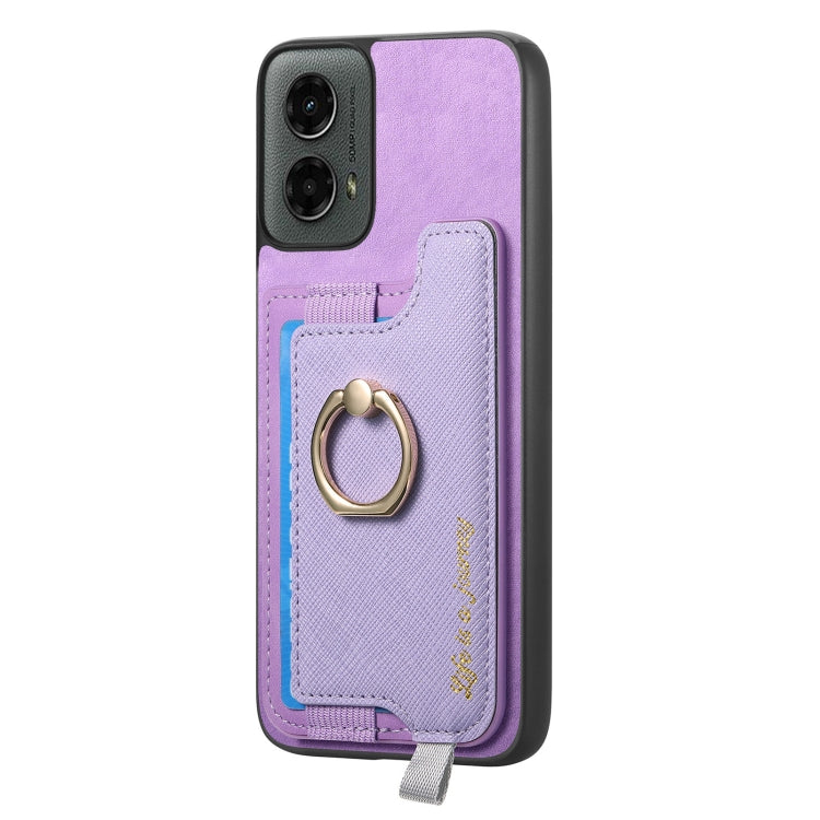 For Motorola Moto G 5G 2024 Retro Magsafe Cross Leather Ring Holder Card Bag Phone Case(Purple) - Motorola Cases by buy2fix | Online Shopping UK | buy2fix