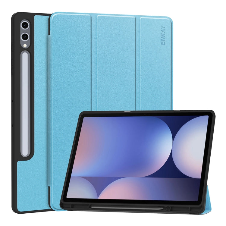 For Samsung Galaxy Tab S10+ / S9+ / S9 FE+ ENKAY Tri-fold Custer Texture TPU Leather Smart Tablet Case with Pen Slot(Light Blue) - Galaxy Tab S9+ Cases by ENKAY | Online Shopping UK | buy2fix